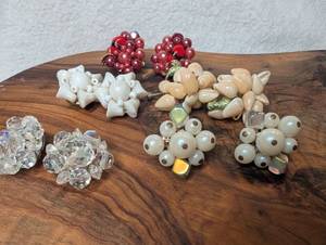lot 3300 image: Vintage Beaded Cluster Earring Lot Red Pearl Shell Crystal Clips 5 Pairs