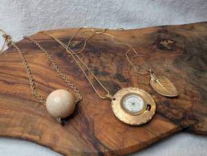 lot 3404 image: Gold Tone Pendant Necklaces Clock Sphere Leaf Chain - 3 ct