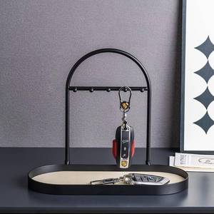 lot 19043 image: Shinpuru Metal Jewelry Organizer Stand & Key Holder Tray with Acrylic Base, Key Stand and Jewelry Tray with 5 Hooks, Perfect Key Bowl, Valet Tray, Ring Holder, Jewelry Dish (Matt Creamy) - Retail $24