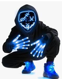 lot 19047 image: LED Mask Gloves Shoelace Set, Red & Blue Halloween Costume Rave Cosplay Kit Light up Red or Blue Glow Set, Soft PVC Mask, Stretchy Polyester Gloves & Laces, for Raves, Clubs, and Trick-or-Treating - Retail $26