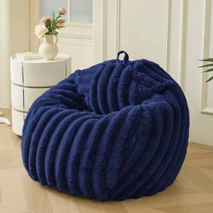 lot 19049 image: MEGO Kids Fluffy Faux Rabbit Fur Bean Bag Chair Cover(No Filler), Luxury Plush Shaggy Wide Striped Stuffed Animal Storage Bean Bag, Fuzzy Furry Ribbed Beanbag Cover Kids Girls Teens Adults, Navy Blue - Retail $30