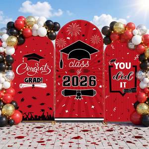 lot 19050 image: WovWeave Graduation Arch Backdrop Stand Cover Set of 3-4ft 5ft 6ft Grad Arch Cover Photo Booth Backdrop Decorations for Graduation Party Decor Supplies(Red Black,Class of 2026) - Retail $49