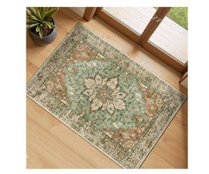 lot 19052 image: RELEANY Washable Area Rug, Small 2x3, BrickBrownGreenNon-Slip, Water Repellent, Pet Friendly, Easy to Clean, Vintage Floral Boho Decor for Kitchen Entryway Bathroom - Retail $20