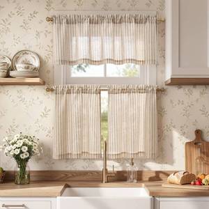 lot 19056 image: jinchan Taupe Linen Kitchen Curtains and Valance Set Rod Pocket - Retail $23