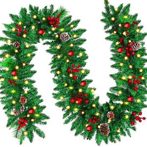 lot 19065 image: 9 FT LED Christmas Garland with Pinecones Red Berries Bows Christmas Balls Candies, Multi-Function Christmas Garland with 50 Warm White LED Lights, 310 Branch Tips for Indoor Outdoor - Retail $40