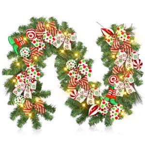 lot 19080 image: Jutom Christmas Garland 6ft Pre Lit Christmas Elf Garland with Red and Green Ball Bows Lights Peppermint Candy Christmas Decoration for Xmas for Mantle for Front Door Fireplace Table Home Decor - Retail $46