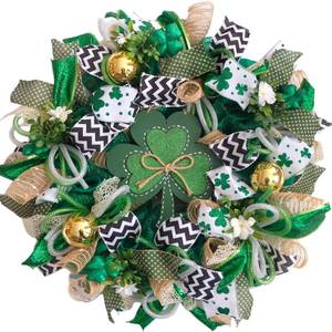 lot 19081 image: TEMPUS 22 Inch St Patricks Day Shamrock Mesh Wreath Irish Festival Gold Glitter Ball Wreath with Shamrock Wooden Sign for Home Wall, Porch, Indoor and Outdoor Decorations - Retail $34