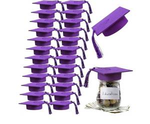 lot 19082 image: 24 Pcs 2026 Graduation Cap Decorations Mason Jar Lid with Tassels 4.2 Inch Grad Hat Large Mason Can Toppers for 2026 Graduation Party Supplies Table (Purple)