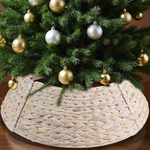 lot 19096 image: Christmas Tree Collar, 24 Woven Hyacinth Tree Collar for Artificial Trees, Scalloped Tree Collar Rattan Basket for Christmas Tree Base, Rustic Wicker Tree Skirt with Cord Cut-Out (Washed White) - Retail $46