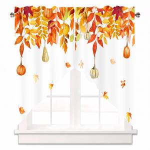 lot 7624 image: Fall Maple Leaves Pumpkin Kitchen Window Swag Curtains 1 Pair, 28x36 in - Retail $20