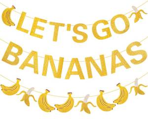 lot 7633 image: Clabby Pre Strung Banana Birthday Decorations Lets Go Bananas Letter Banner Gold Glitter Fruit Theme Banner for Fruit Birthday Party Baby Shower Supplies