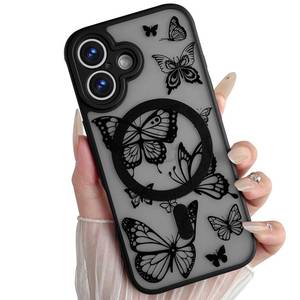 lot 7670 image: Skyseaco for iPhone 16 Case Compatible with MagSafe for Frosted PC Back Protector Shockproof Black Butterfly Pattern Design Protective Women Girls Phone Cover - Butterfly