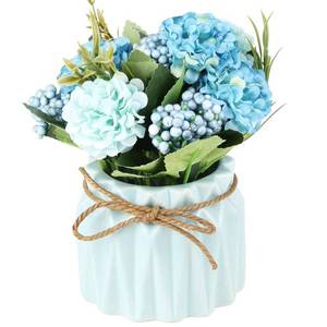lot 7678 image: SUPNIU Artificial Hydrangea Bouquet with Small Ceramic Vase Fake Silk Variety Flower Balls Flowers Decoration for Table Home Party Office Wedding (Blue)