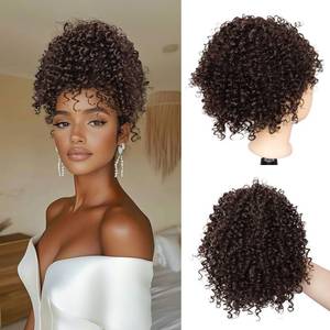lot 8110 image: Dark Brown Kinky Curly Short Drawstring Ponytail for Black Women Short Afro Curly Blonde Ponytail Drawstring Extension Synthetic Messy Bun Hair Piece Protective Style for Daily Use 10Inch (Brown)