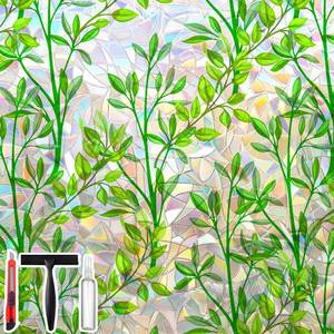 lot 8114 image: Leafy Rainbow Window Privacy Film, Stained Glass Cling, 17.5  78.7  Decorative Static Sticker, Non-Adhesive Reusable Window Tint, Heat Control UV Blocking Coverings for Home Doors, Living Room