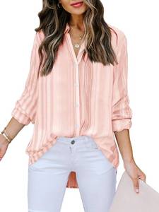 lot 8123 image: Mutitop Womens Button Down Shirts Striped Dress Shirts Long Sleeve Textured Blouse Collared Work Office Top Casual Tunic - Peach Strip L