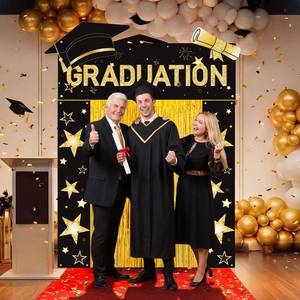 lot 8127 image: HunnmingRe 7 Pcs 2026 Graduation Party Decoration Include Class of 2026 Graduation Door Porch Banner, Gold Fringe Curtain, Red Carpet, Grad Photo Backdrop for College School (Black)