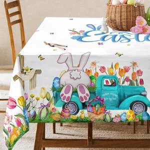lot 8145 image: Hexagram Easter Tablecloth 52 x 70 Inch Rectangle, Easter Table Cloth Bunny Eggs Truck Tablecloths for Party Home Dinner Decor