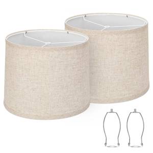 lot 8154 image: Lampshades Set of 2, Drum Lampshades 11.6 Top x 12.6 Bottom x 9.8 High, Seaside village Medium Lampshades (Spider Fitter), Beige Lampshades Natural Linen Hand Crafted, Easy Assembly Required - Retail $30
