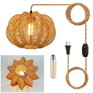 lot 8183 image: tebio Plug in Pendant Light Rattan Hanging Lights with Plug in Cord 15FT Hemp Rope Cord, Dimmable Switch - Indoor Hanging Lamps for Boho Living Room Bedroom (Bulb Included) 11 x 7 inch-missing cord  - Retail $38