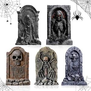 lot 18869 image: TOCULAB 25 Halloween Decorations Outdoor Graveyard Tombstones, 5ct Large Realistic Halloween Cemetery Tombstone Yard Signs with Metal Stakes, Waterproof Scary Skeleton Cemetery Decor for Garden Lawn