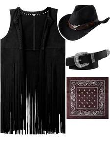 lot 19254 image: Hercicy Western Outfits for Women Cowgirl Costume Accessories Cowboy Hat Tassel Vest Cowboy Belt and Bandana 70s Hippie(X-Large,Black)