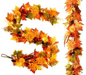 lot 19256 image: 2PCS 6FT Fall Garland for Mantle, Pre-Lit Realistic Garland with Lights, Fall Leaves Chrysanthemum Garlands for Table Centerpiece Door Window Fireplace Home Indoor Outdoor Fall Thanksgiving Decor