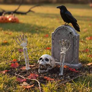 lot 19267 image: Halloween Skeleton Lawn Decorations - Realistic Skull & Arm Stakes Set for Outdoor Yard D�cor - Scary Graveyard Zombie Scene for Halloween Party or Haunted House
