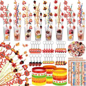 lot 19271 image: Seenelling 194 Pcs Thanksgiving Party Favor Friendsgiving Fall Autumn Stationery Pumpkin Maple Turkey Keychain Pencil Bracelet Sticker Goodie Bag Filler Exchange Students Classrooms Gift(Mixed Style)
