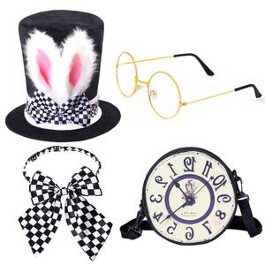 lot 19277 image: Keymall White Rabbit Costume Accessory Set 4 Pieces Bunny Ear Top Hat Bowtie Round Glasses Clock Props For Easter Halloween (Set A)