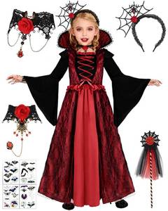 lot 19279 image: Fantspati Vampire Costume Set for Girls Halloween Dress Up with Choker Bracelet Headband Wand Kids Vampire Costume 4-12 Years