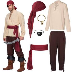 lot 19289 image: Spooktacular Creations 6 Pcs Men Pirate Costume, Men Renaissance Medieval Viking Pirate Costume with Viking Shirt, Banded Pants, Eye Patch, Bandana,Belt and Earrings for Halloween Cosplay-XXL