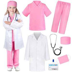 lot 19291 image: YADIYA Doctor Costume for Kids Scrubs Real Stethoscope Lab Coat Halloween Costumes Career Day Costume For Kids Girls 3-12