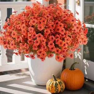 lot 19294 image: Hananona 18 Pcs Artificial Mum Flowers for Outdoors, Faux Fall Mums Silk Flower for Outside, Fake Orange Flowers for Fall Patio Front Door Planter Autumn Halloween Home Decorations (18, Orange)