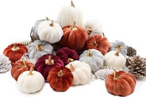 lot 19302 image: 18 PCS Velvet Pumpkins for Fall Table Decor, Artificial Pumpkins, Faux Fake Pumpkin Home Decorations for Autumn Harvest, Thanksgiving, Wedding, Halloween, Table Centerpieces (Multi-Color Velvet)