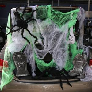 lot 19308 image: Hiboom Trunk or Treat Halloween Car Decoration Spider and Tombstones Set Including 2 Tombstones 3 Hairy Spiders 60 Little Realistic Spider White Cotton Web Green Cotton Web Spider Egg Sack