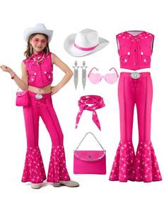 lot 19309 image: Spooktacular Creations Halloween Child Girl Pink Cowgirl Costume, Kids 70s 80s Hippie Disco Outfits with Hat Handbag Scarf Earrings Sunglasses for Holiday Dress Up Cosplay Party Small 5-7 Yrs