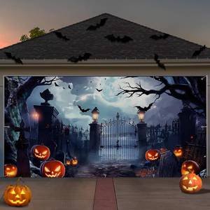 lot 19310 image: Preboun Halloween Garage Door Banner Cover Decorations,8 x 16 ft