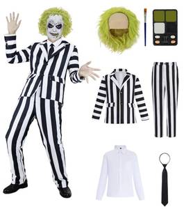 lot 19328 image: KFVZIU Black and White Striped Suit Men Scary Halloween Costumes Adult Horror Comedy Movie Character Cosplay Outfit with White Shirt Black Tie KF018-S