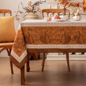 lot 19333 image: Romanstile Fall Rectangle Tablecloth 60 x 84 Inch, Thanksgiving Autumn Harvest Pumpkin Table Cloth, Stain Resistant Washable Table Cover for Dining, Party, Holiday Decor - Orange and Beige