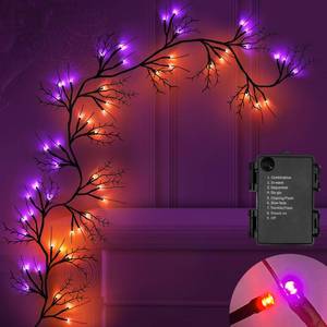 lot 19348 image: SURCVIO 6 Ft 54 LED Halloween Willow Vine Twig Decor Garland with 8 Modes Timer Orange & Purple Lights Waterproof Battery Operated Halloween Decorations for Home Bedroom Wall Fireplace Mantle Decor