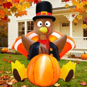 lot 19358 image: 4 Foot Turkey Inflatable Thanksgiving Inflatables Outdoor Decorations Blow Up Turkey with Pumpkin Built-in LEDs Fall Thanksgiving Decorations for Home Outside Yard Lawn Garden Holiday Party