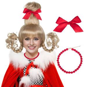 lot 60252 image: Koonfan Christmas Blonde Wig with Red Bow and Necklace Girls Women Long Braids Christmas Costume Wig Accessory