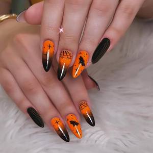 lot 60275 image: Halloween Press on Nails French Fake Nails Black and Yellow Acrylic Nails Full Cover Glossy False Nails with Bat & Spider Web Design Reusable Stick on Nails for Women and Girls Halloween Decoration