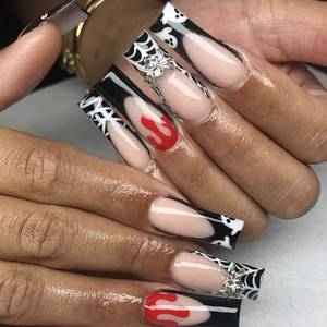 lot 60276 image: Halloween Press on Nails Long Coffin Fake Nails with Spider Web and Skull Design Acrylic Nails Nightmare Before Christmas Nails Full Cover Scary Stick on Nails for Women Girls Artificial Nails 24 Pcs