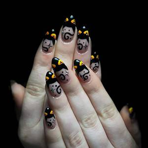 lot 60277 image: French Tip Press on Nails Medium Length Fake Nails Almond Halloween Nails with Black Cat and Semi-Transparent Designs Full Cover Nude Glue on Nails for Women and Girls RIICFDD Nails 24 Pcs