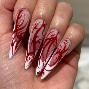 lot 60278 image: 24 Pcs Halloween Nails Extra Long Press on Nails Almond Fake Nails RIICFDD French False Nails With Red Flame Pattern Designs Reusable Nails Full Cover Glossy Glue on Nails for Women and Girls