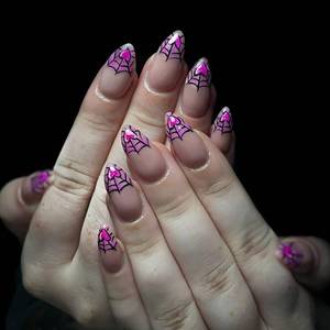 lot 60279 image: 24 Pcs French Tip Press on Nails Medium Length Fake Nails Almond Halloween Nails with Pink Cobwebs and Semi-Transparent Designs Full Cover Nude Stick on Nails for Women and Girls RIICFDD Nails