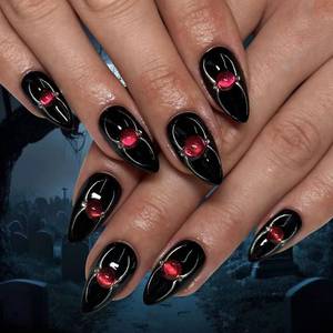 lot 60280 image: Halloween Press on Nails Short Almond Fake Nails Black Glitter RIICFDD False Nails with Spider Pattern Design Artificial Glossy Full Cover Shimmering Stick on Nails for Women and Girls 24 Pcs