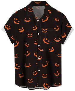 lot 60283 image: Deer Lady 2024 Halloween Button Down Shirts for Men Funny Pumpkins Hawaiian Short Sleeve Casual Bowling Shirt Orange Spider M
